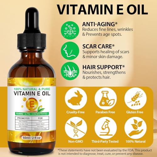 Meifenla 4 Fl Oz Pure Vitamin E Oil 75,000 IU for Skin, Hair, Nails & Body, Moisturizing & Scar Reduction