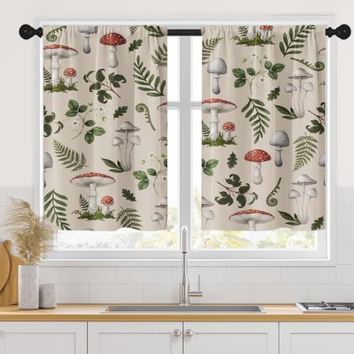 Arttown Mushrooms Kitchen Curtains - 36 Inch, 2 Pack Rod Pocket Drapes