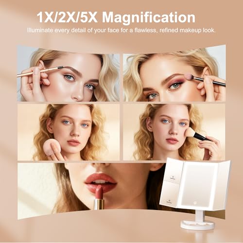 S'bagno White 11.3" x 6.8" LED Makeup Mirror with Lights, 1X/2X/5X Magnification, Dimmable 3-Color Modes, 270° Rotation