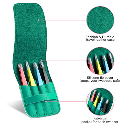 iBuneerly Eyebrow Tweezers Set - 4 Multi-Color Stainless Steel Tweezers with Travel Case