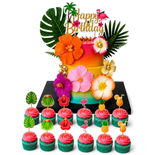 23 PCS Tropical Flower Cake Toppers for Luau Parties & Birthdays