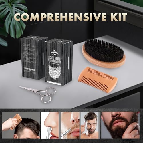 Men's Boar Bristle Beard Brush Set with Wooden Comb & Scissors - Travel Grooming Kit