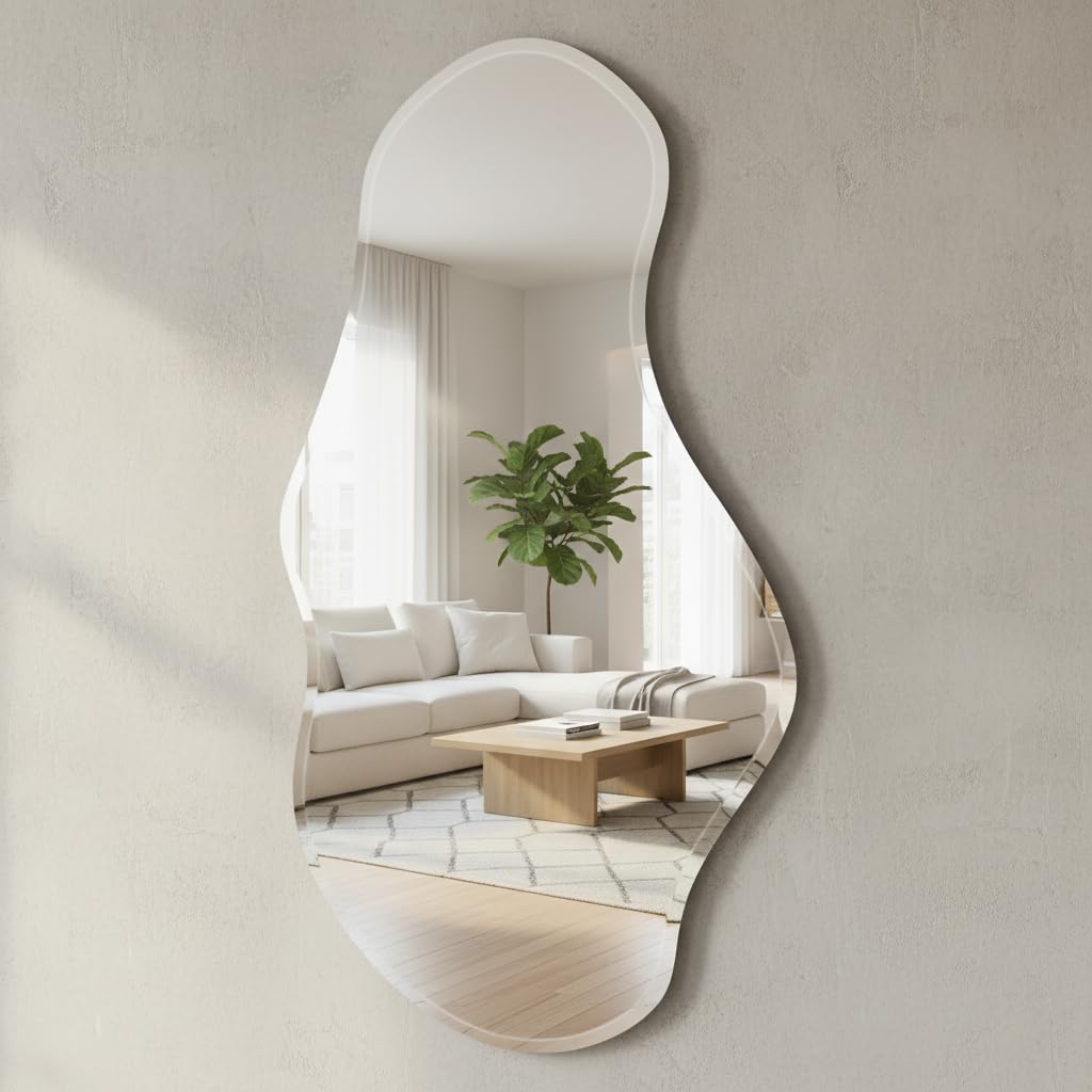 USHOWER Irregular Mirror 20x36 Inch, Frameless Asymmetrical Mirror