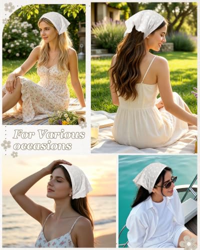 CHLINS Lace Head Scarf Bandana Headband Set - White Cotton (2PCS)