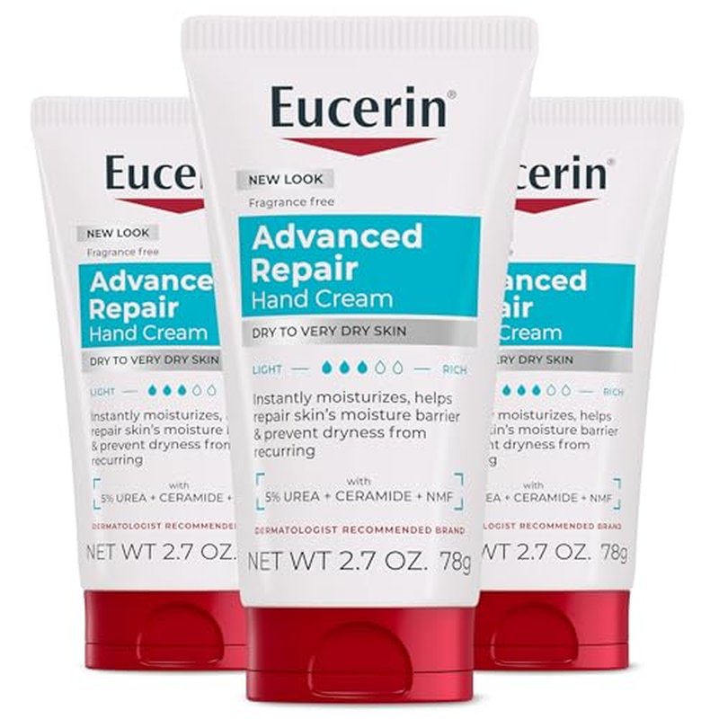 Eucerin Advanced Repair Hand Cream, Urea Enriched, Unscented Moisturizer for Dry Hands With Triple Moisturizing Complex, Travel Size Hand Cream, 2.7 OZ Tube, Pack of 3