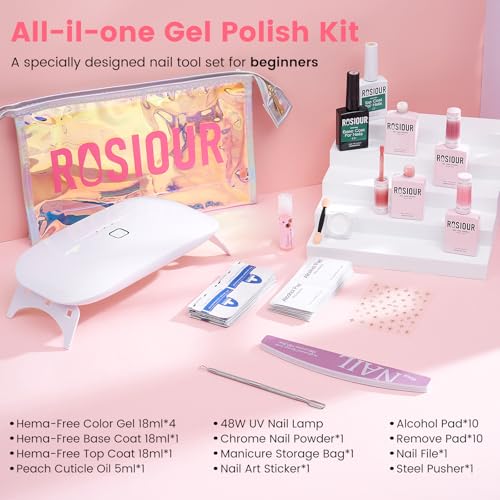 Rosiour Beginner Gel Nail Polish Kit with UV Light - 4 Colors, Hema-Free, Long-Lasting, DIY Manicure Set