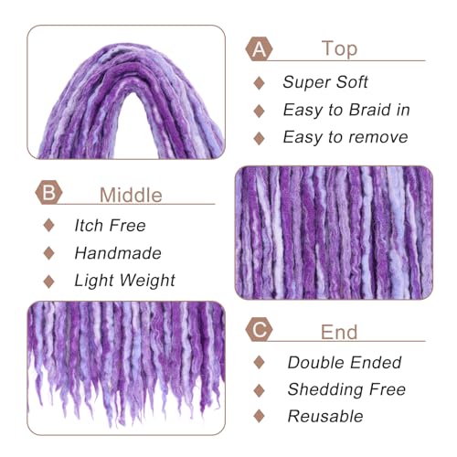 Purple Mix Wool Dreadlock Extensions 20 Inch Double Ended 20 Strands Handmade for Women