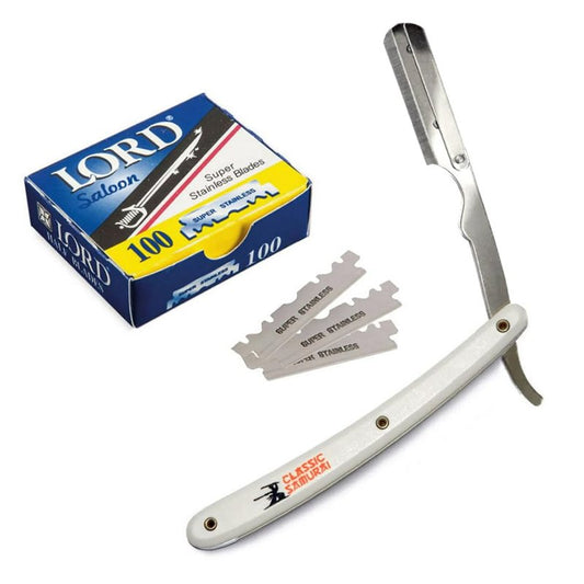 Classic Samurai Stainless Steel Professional Barber Straight Edge Razor with 100 Lord Single Edge Razor Blades (White)