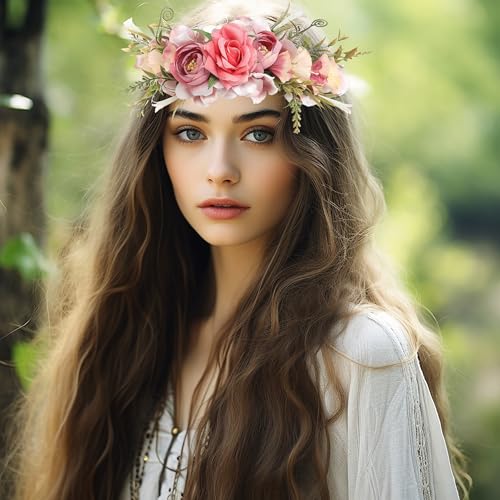 Rosy Floral Crown Headband - Boho Flower Halo Hair Piece (Style I)