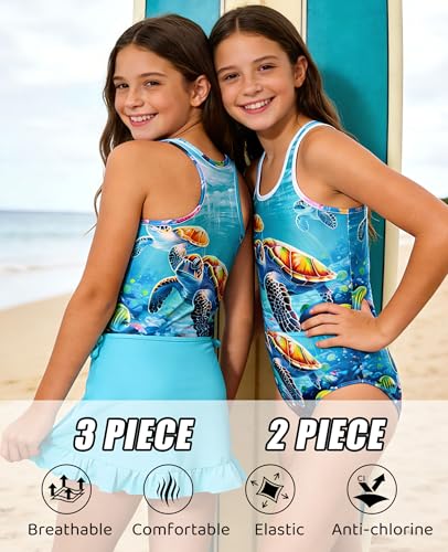 Cutemile Girls 3-Piece Tankini Swimsuit Set with Skirt (Ages 5-14)