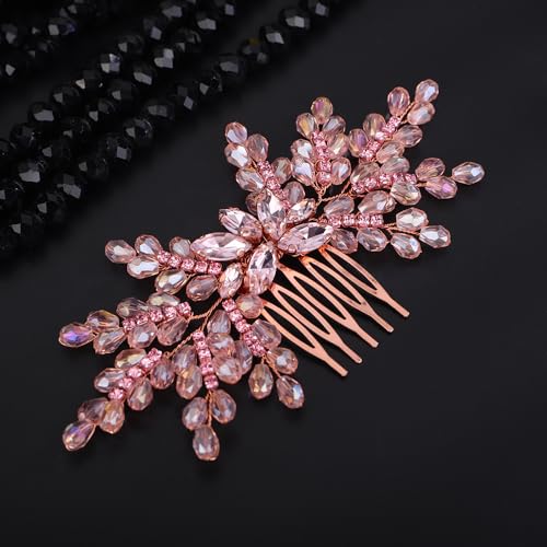 Teyglen Pink Rhinestone Crystal Wedding Hair Comb for Bridal Prom