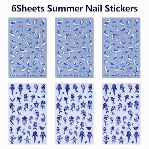GRITOSE V8 Ocean Marine Life Nail Art Stickers 6 Sheets Summer Beach Decals