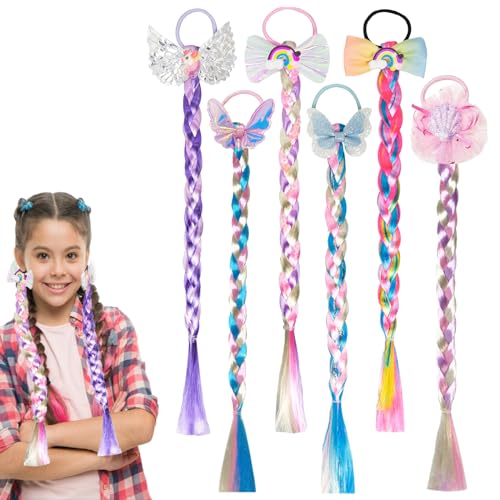 6 Pcs Rainbow Braided Hair Extensions for Girls - Colorful Ponytails with Bows