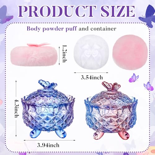Large Body Powder Puff and Crystal Glass Container Set - 4 Piece Kit