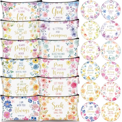 24 Pc Christian Gift Set: Floral Bible Verse Makeup Bags & Compact Mirrors