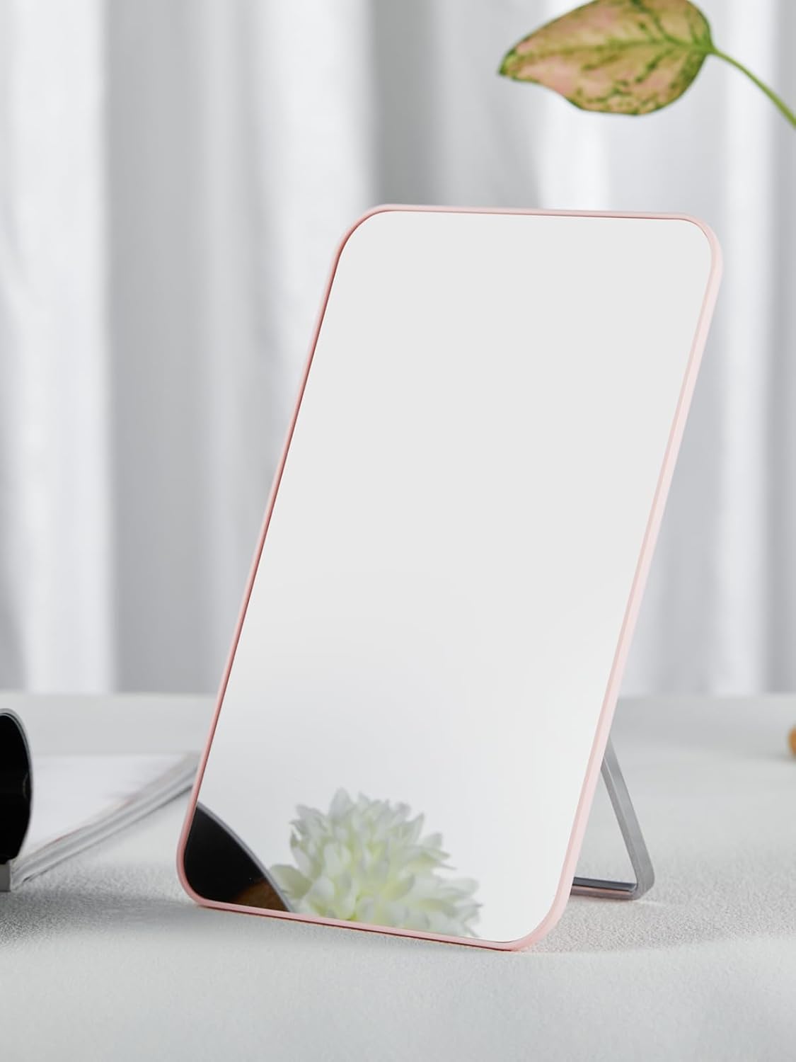 Desk Makeup Mirror - OMIRO 8 x 5 Inches Foldable Table Mirror with Hanging Hole | Pink for Travel and Shaving
