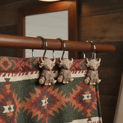 Highland Cow Shower Curtain Hooks - 12 Pack Rustic Bathroom Rings