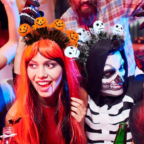 JEAIRTS 2-Skull LED Halloween Pumpkin Headband Glowing Gothic Costume Accessory