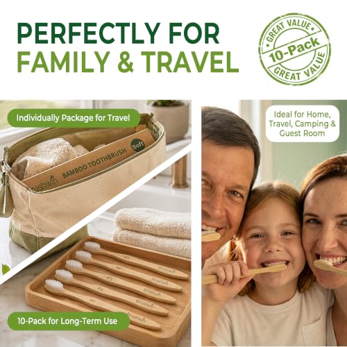 BRUSHWIN 10-Pack Bamboo Toothbrushes, Soft Plant-Based Bristles Eco-Friendly