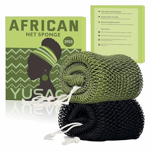 YUSAGO African Net Shower Loofah 2-Pack - Exfoliating Bath Sponge for Back & Body, Black & Green