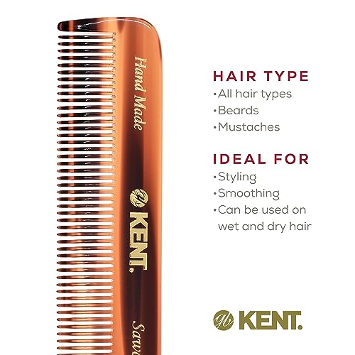 Kent A FOT Tortoiseshell Fine Tooth Handmade Pocket Comb for Men, Women and Kids, Hair Comb Straightener for Grooming and Styling, Beard and Mustache, Saw Cut and Hand Polished, Made in England