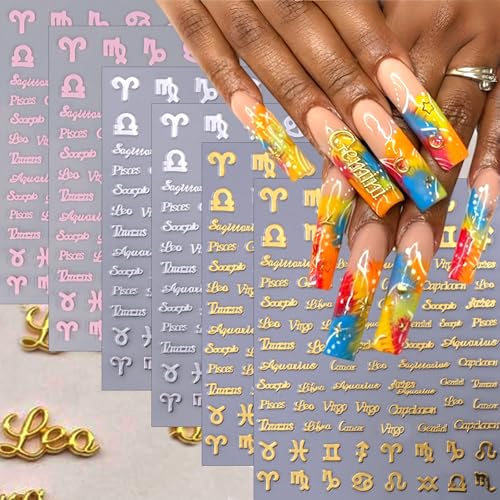 6 Sheets Zodiac Nail Art Stickers - Self-Adhesive Letter Decals