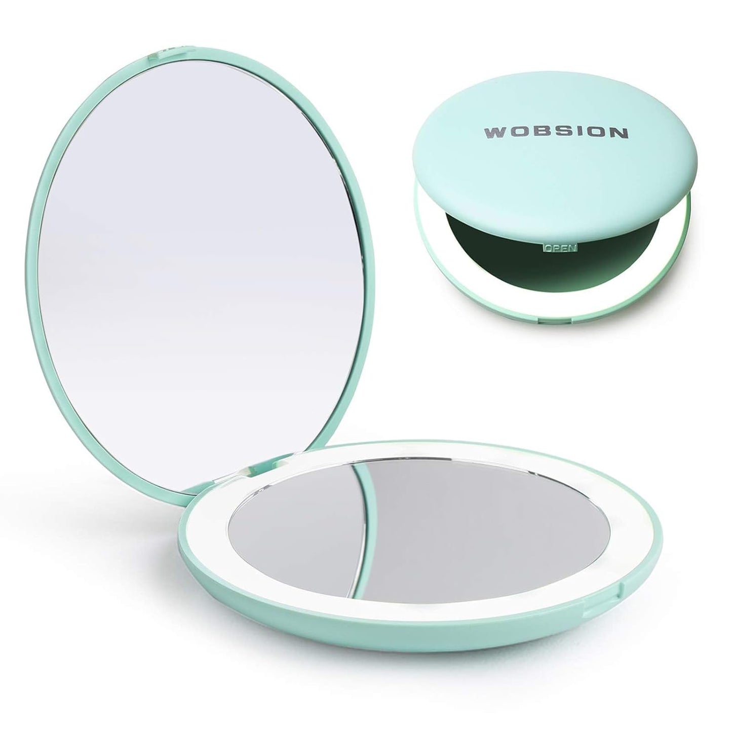 LED Travel Makeup Mirror - 1x/10x Magnification, Compact & Portable | 3.5-Inch, Folding, Handheld, Round, Cyan