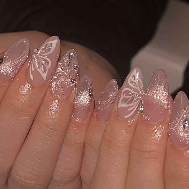Cat Eye French Tip Press-On Nails - Nude & Pink Short Almond | Reusable Glue-On Nails with Gold Line for Weddings & Parties