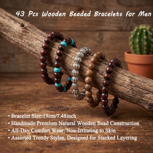 SONNYX 43Pcs Gothic Wooden Beaded Bracelets for Men