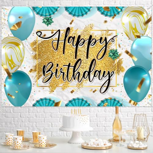 Teal & Gold Happy Birthday Backdrop Banner - 5.9x3.9FT Party Decor