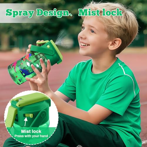 20oz Kids Water Bottle with Straw - Leak-Proof, Misting & Pop-Up Spout, Dinosaur Design