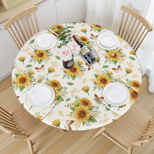 Sunflower Round Fitted Tablecloth - 40-44 Inch Elastic Edge Floral Cover