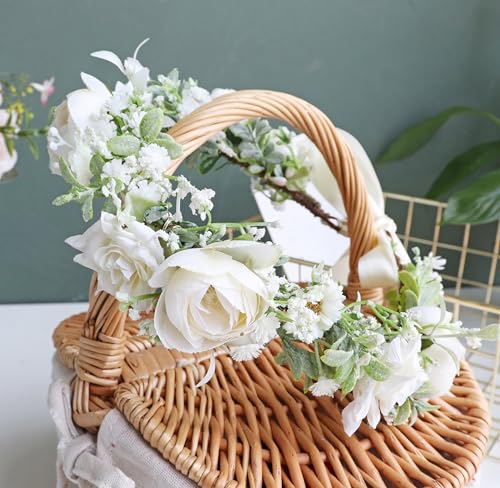 White Flower Crown Rose Floral Headband for Weddings and Parties - Adjustable Headpiece