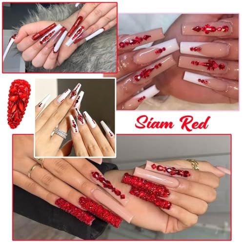 qiipii Red Nail Rhinestones 3 Boxes Multi-Shapes Flatback Gems for Nail Art & Crafts