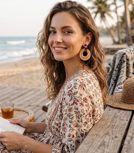 Handmade Bohemian Raffia Rattan Hoop Earrings for Women