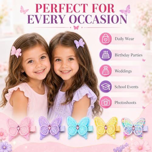 10 Butterfly Hair Bows Clips for Girls - Soft Fabric Alligator Barrettes