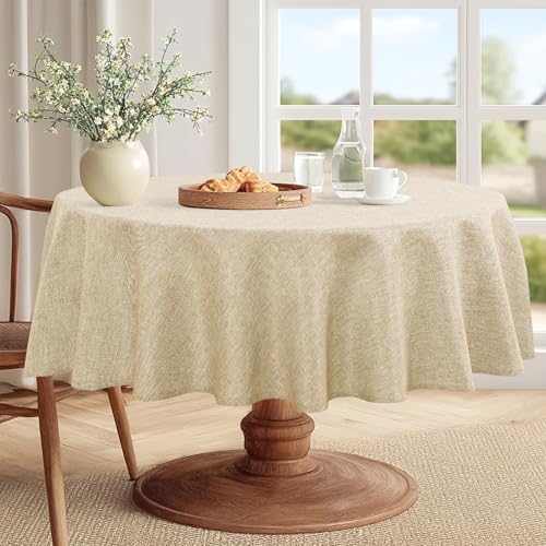 JIUZHEN 60 Inch Round Faux Linen Tablecloth - Stain & Wrinkle Resistant for Dining & Camping