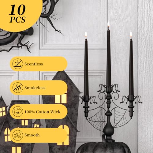 KONNI 10-Inch Black Taper Candles - Unscented, Smokeless, 10 Pack
