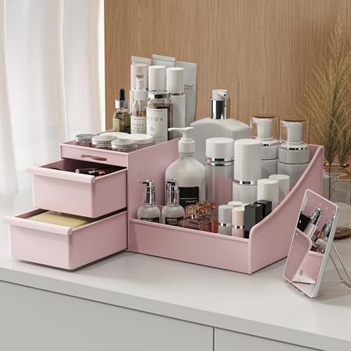 DancesCat Pink 2-Drawer Makeup Organizer, 7-Compartment Vanity Storage