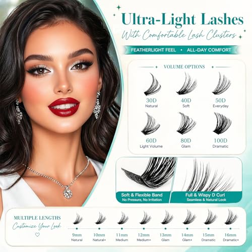 Uikreo 600 Pcs Lash Clusters Kit with 30D+40D+50D+60D+80D+100D, 9-16mm D Curl Fake Eyelashes with Glue & Seal for Natural Look