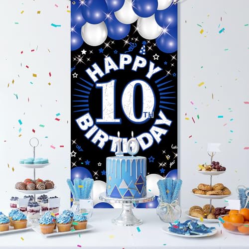 10th Birthday Fabric Backdrop Banner for Boys & Girls - Blue