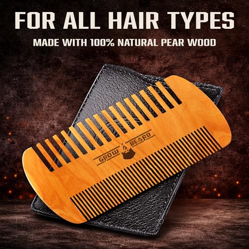 Grow Alpha Beard Wooden Beard Comb & Case - Dual Action Pear Wood Groomer