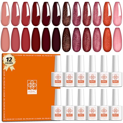 ABAC Pink Red Fuzz Gel Nail Polish Set - 12 Long-Lasting Burgundy & Glitter Colors for DIY Manicure