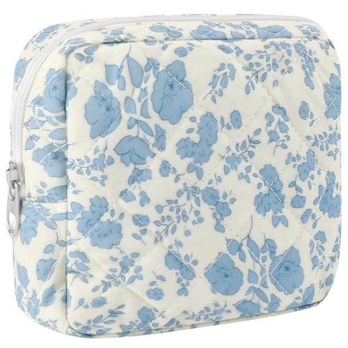 Tmtains Aa-Blue Flower Small Quilted Cotton Makeup Bag for Travel & Purse
