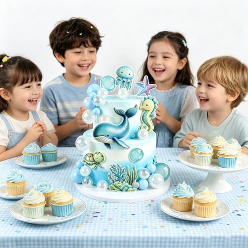 Under the Sea Birthday Cake Toppers Set - 33Pcs Ocean Animals & Bubble Balls