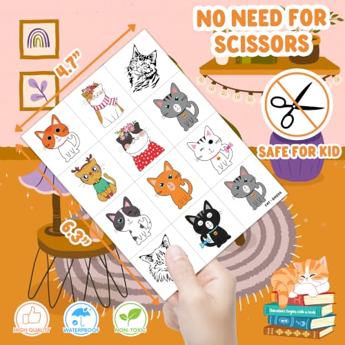 60 PCS Cute Cat Temporary Tattoos - Pre-Cut Stickers for Kids