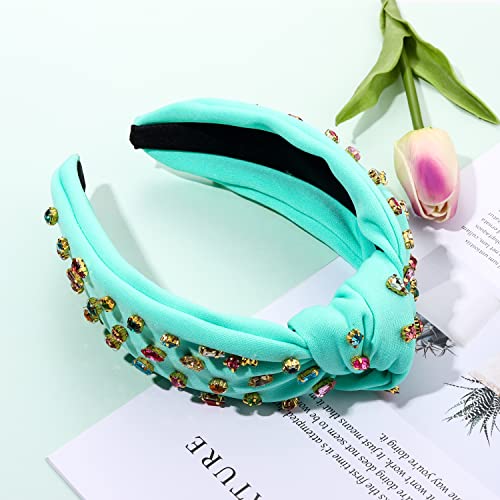 NVENF A-Green Rhinestone Knotted Headband for Women Summer Hair Accessories