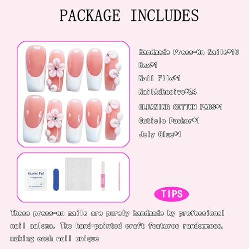 Luvqara SY303 Long Square Pink Nude French Tip Press-On Nails - Handmade 3D Flower Design, Reusable, 10 Pcs