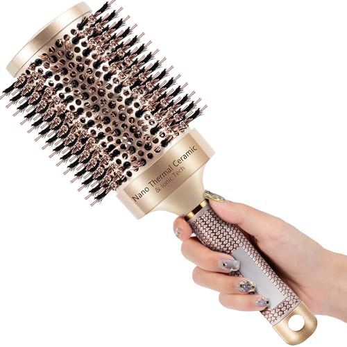 SIMPOR 65mm Round Boar Bristle Hair Brush - Gold, Nano Ceramic for Blow Drying