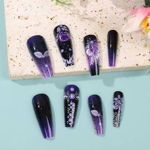 Xenophoer Purple Coffin Press On Nails Medium Long Length with US Variation 2, Glossy Fake Nails for Women, 24 Pcs
